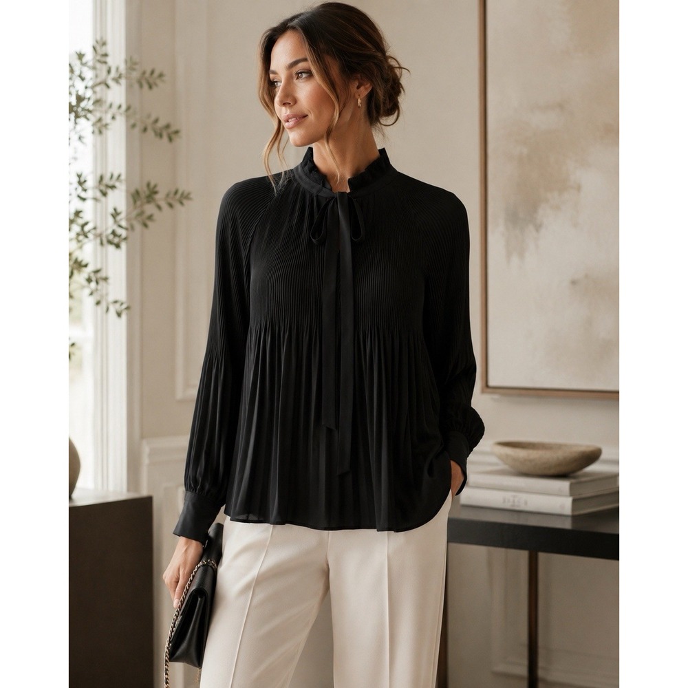 Chico's Black Label Black Pleated Tie Neck Long Sleeve Blouse
